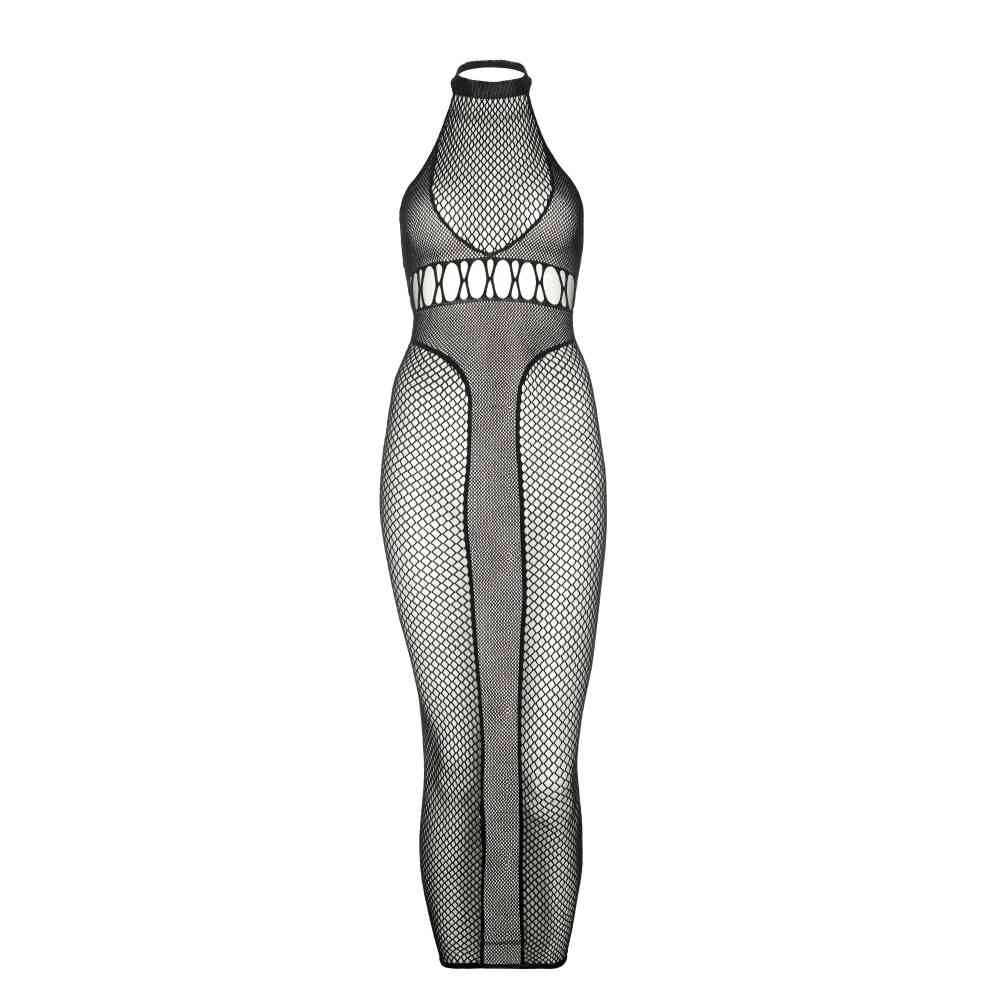 Leg Avenue - Halter Dual Net Backless Maxi Jurk - Zwart